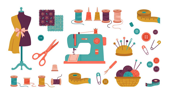 Comprehensive collection of sewing tools and accessories including a mannequin, thread spools, scissors, needles, and patterns