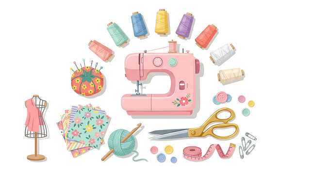 Colorful Sewing and Craft Supplies Arrangement Featuring Pink Sewing Machine and Fabric with Thread and Accessories