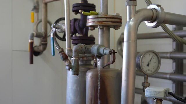 Close up of rusty industrial plumbing leaking water from a faulty valve in a factory setting