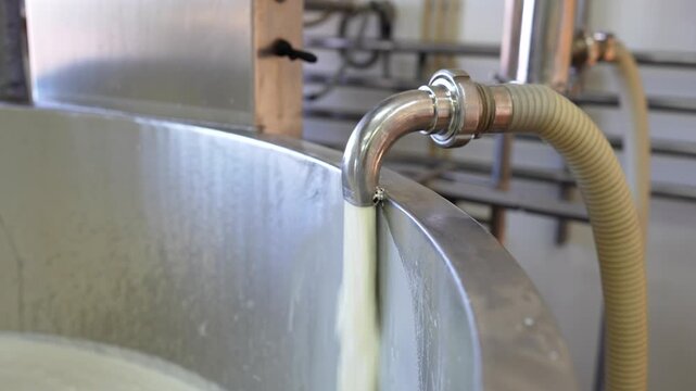 Liquid milk pouring from a pipe into a large stainless steel vat in a dairy processing factory