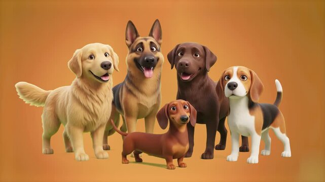 Animated 3D cartoon group of friendly dogs including Golden Retriever, German Shepherd, Labrador, Dachshund, and Beagle standing together isolated on a warm orange background. Perfect for pet care com