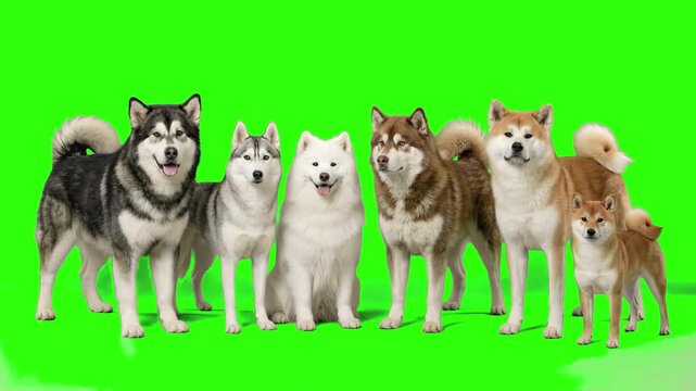 Detailed realistic 3D rendering of northern dog breeds including Alaskan Malamute, Siberian Husky, Samoyed, and Akita Inu standing isolated on a chroma key green screen background. Perfect for pet foo
