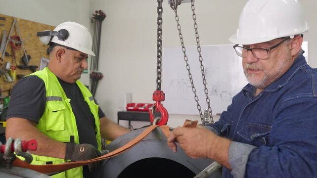 Industrial workers operating lifting equipment in workshop
