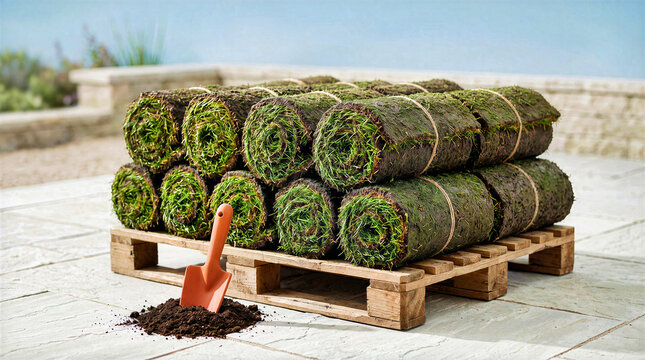Stacked green sod rolls on wooden pallet with orange garden trowel in rich soil on stone patio. Turf grass rolls ready for landscaping, lawn installation, yard renovation and gardening project