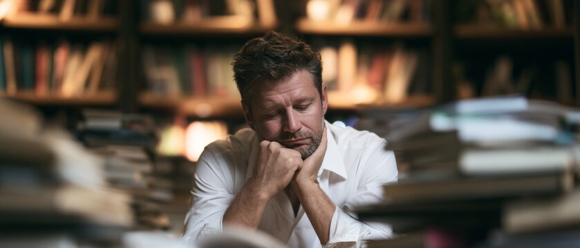 Man deep in thought surrounded by books in library