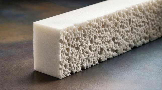 Close up of a porous white polyurethane foam block on a dark industrial slate bench. Textured synthetic material with air bubbles and sponge-like surface for insulation or packaging design