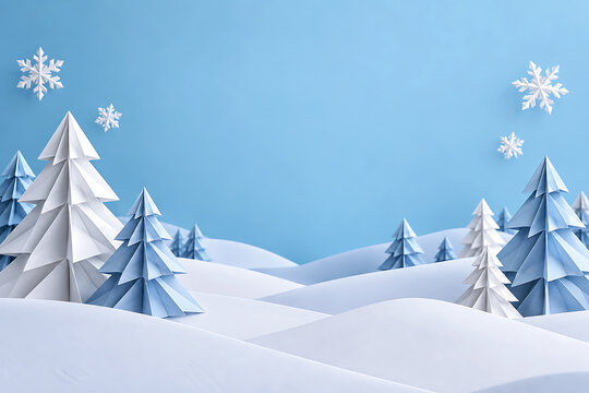 Minimalist paper craft winter scene with stylized pine trees and snow dunes on a blue background