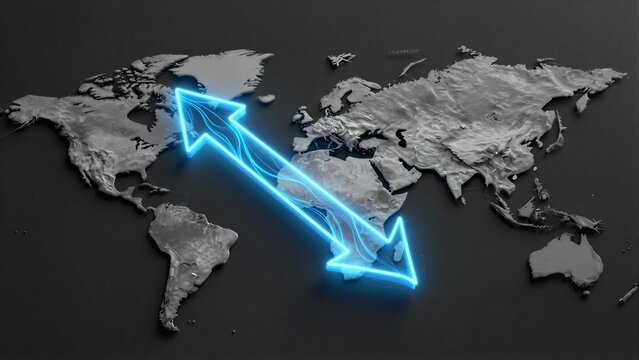 Blue arrow pulses across grayscale world map, symbolizing global progress and connectivity.