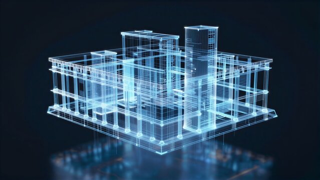 Futuristic blue holographic building structure floats above reflective dark surface.