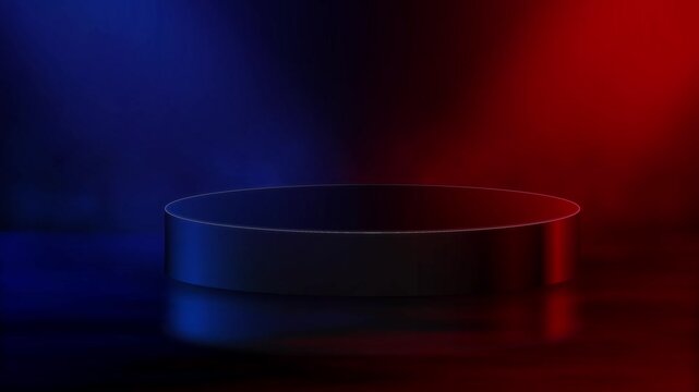 Dark circular product podium illuminated by red and blue neon lights with glossy reflections, modern 4K showcase background animation
