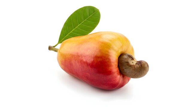 Fresh raw cashew fruit with a single green leaf attached isolated on a bright surface