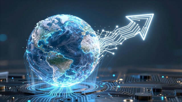 Global tech advancement symbolized by glowing circuit arrow rising above Earth on a motherboard.