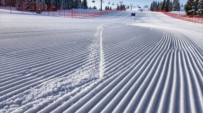 Groomed snow surface with parallel ridges on ski slope in morning light. Corduroy texture on winter resort piste with ski lift and pine trees in background. Alpine mountain landscape scenery