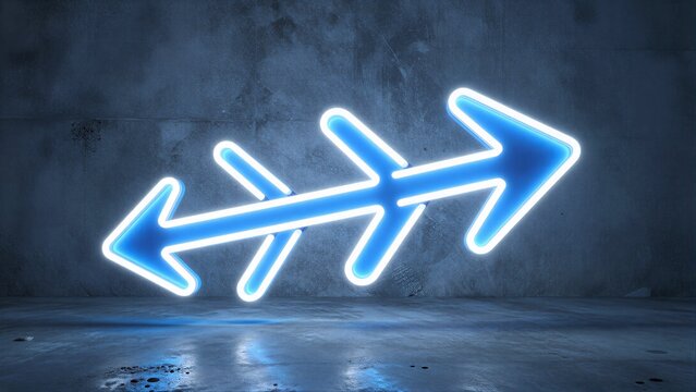 Blue neon arrows point left and right against a dark concrete wall.