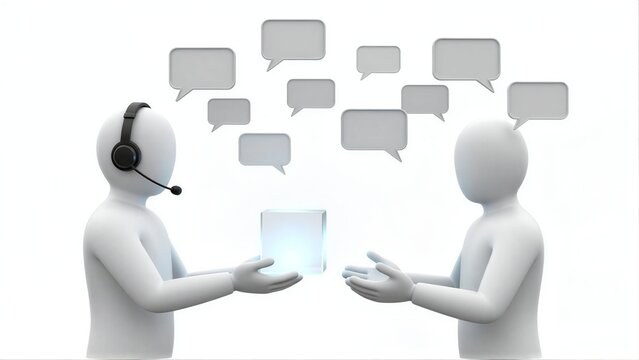 Two figures exchange a glowing device, surrounded by floating speech bubbles.