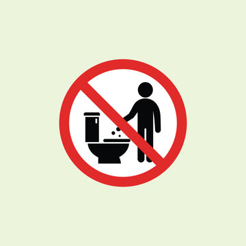 Minimalist graphic illustration of a red prohibition sign for throwing trash into the toilet bowl. Ideal design element for bathroom rules, hygiene, and app UI design.