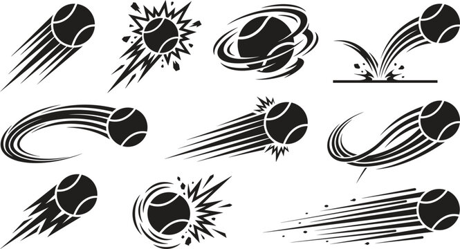 Fast tennis ball motion trails and speed hit black silhouette vector icons collection featuring dynamic movement effects isolated on white background