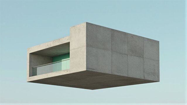 Minimalist concrete structure floats against a serene, clear blue sky.