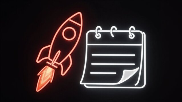 Neon rocket and calendar glow against black, symbolizing launch plans or scheduling.