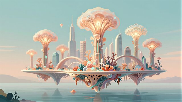 Floating city with glowing, tree-like structures above serene water and distant mountains.