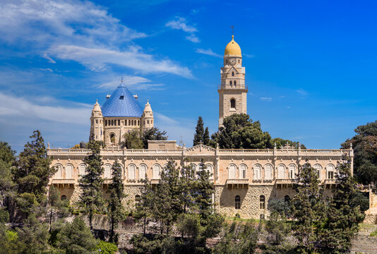 Exterior view of the historic Abbey of the Dormition church and bell tower on Mount Zion in Jerusalem Israel, Old city near Jaffa Gate