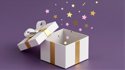 Naklejka premium White gift box with gold ribbon opens to reveal sparkling stars and confetti against a purple background.