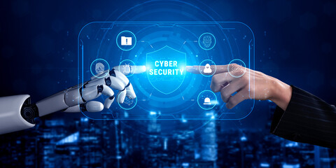 Fototapeta premium AI driven cyber security services for digital data protection and threat prevention. An AI system for network monitoring and malware detection. Motif