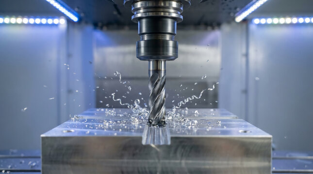 A close-up of a CNC milling machine cutting a metal block, with coolant fluid spraying around the rotating drill bit.