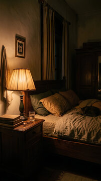 Cozy dim bedroom interior at night with warm side table lamp, stacked books, glasses, and a sleeping cat on bed.