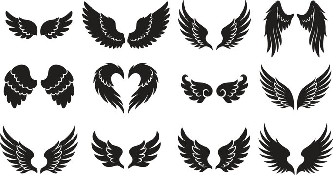 Majestic angel wings silhouette icon set featuring flying bird feathers heart shaped wings tattoo elements and gothic eagle crest graphics vector design'