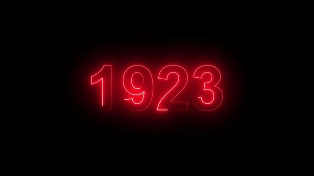 Glowing Vintage neon number 1923 glowing in dark retro style. Classic illuminated year display for historical timeline or century celebration alpha channel neon numbers.