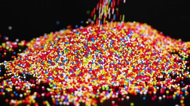 Colorful sugar sprinkles falling onto pile of bright confectionery toppings on black background for baking and decoration.