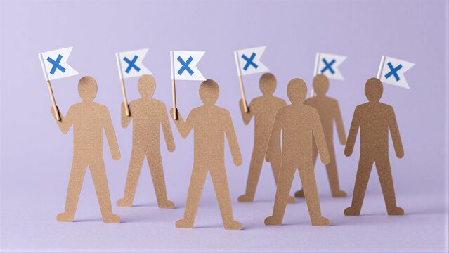 Paper cutouts of people holding flags with 'X' symbols, symbolizing rejection or opposition.