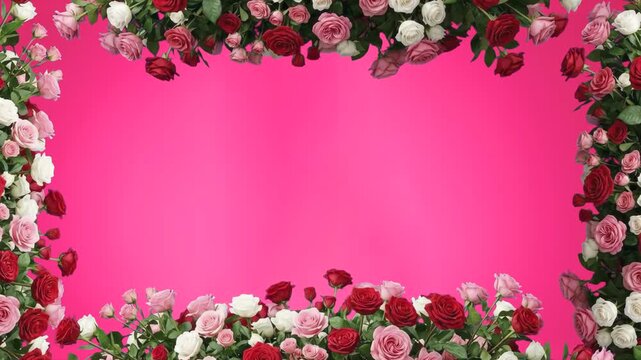 Beautiful realistic 3D CGI rendering of a red, pink, and white rose floral frame border top and bottom isolated on a pink background. Perfect for Valentine's Day promos, wedding invitations, anniversa