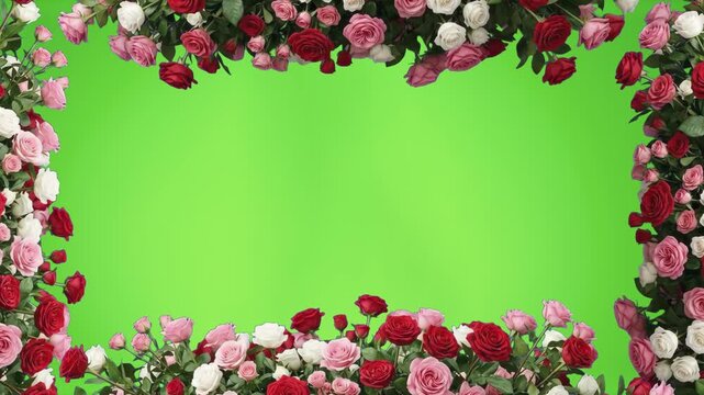 Romantic floral border frame featuring lush red and pink roses with white peonies at top and bottom over a chroma key green background. Great for Valentine's Day promos, romantic wedding videos, beaut