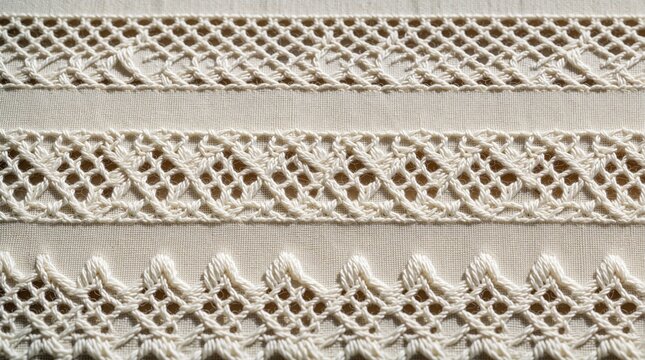 Close up of white heirloom embroidery on natural linen fabric. Detailed cutwork patterns with lace textures create elegant decorative borders. Traditional handmade whitework sewing craft used for