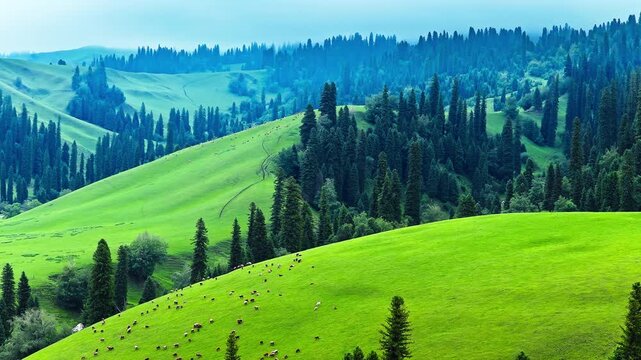 Aerial view of sheep grazing on lush green mountain slopes with spruce forests at the Nalati Grassland, Xinjiang, China