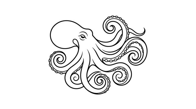 Clean black and white line art vector illustration of an octopus with swirling tentacles and suction cups, isolated on a white background.