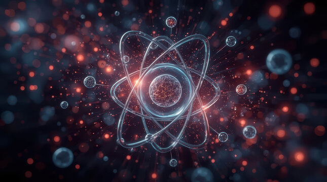 Transparent atomic structure, glowing particle orbit, and luminous nucleus create vivid