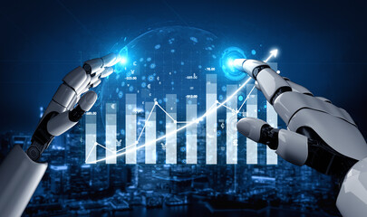Fototapeta premium A futuristic robotic hand interacts with a glowing digital graph, showcasing data analytics on a city skyline background, symbolizing advancement and innovation in technology and finance. Impute