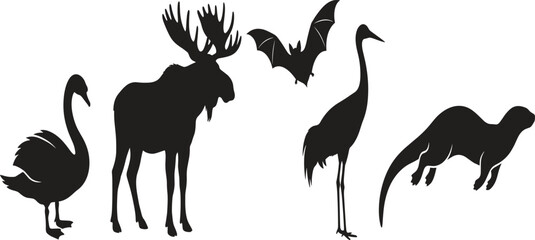 Fototapeta premium Wild animal silhouette vector set featuring isolated black moose swan bat crane bird and otter wildlife icons on white background