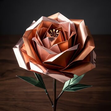 Elegant metallic copper origami rose flower with green leaves on a dark wooden background.