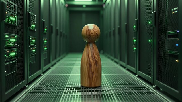 Wooden figure stands alone in glowing server room, surrounded by endless rows of tech.