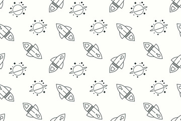 ​Space seamless pattern with rocket ship and saturn planet, minimal line art outer space vector background on white surface © Arip19