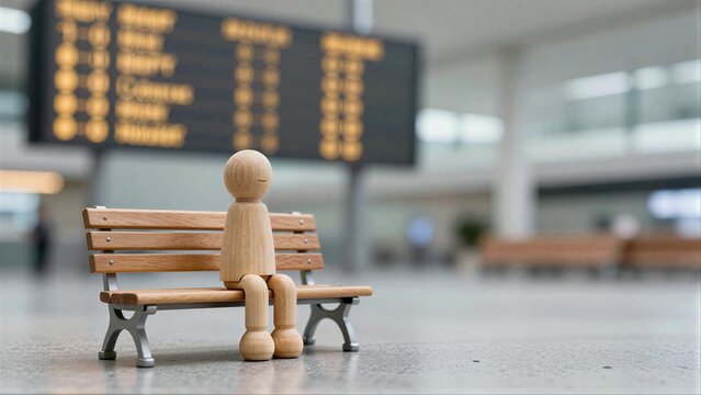 Wooden figure sits alone on bench, waiting by airport departure board.