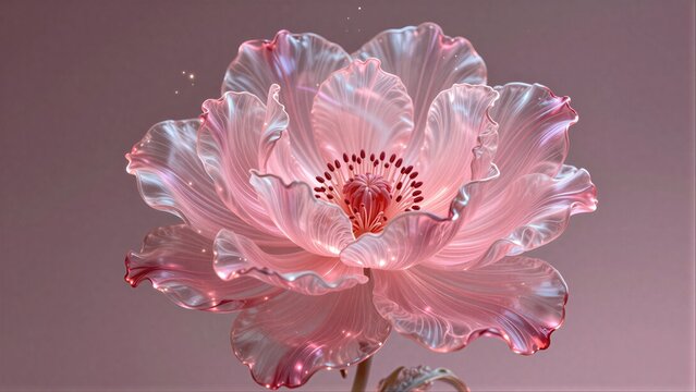 Close up of a pink, glowing, intricate peony flower