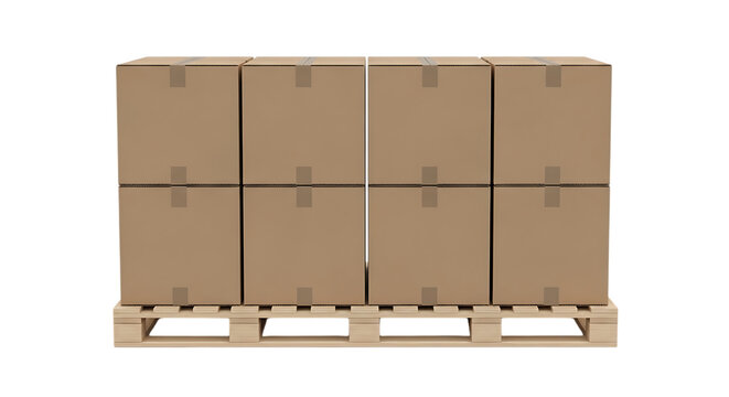 Four brown cardboard boxes stacked on wooden pallet ready for shipping isolated on transparent background