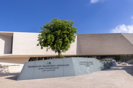JERUSALEM, ISRAEL - OCTOBER 02, 2026: Exterior view of the modern architecture and entrance sign of the Museum of Tolerance Jerusalem on a clear sunny day.