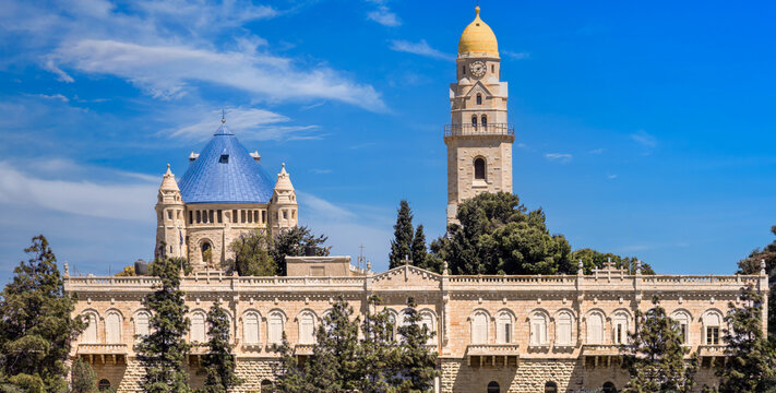 Exterior view of the historic Abbey of the Dormition church and bell tower on Mount Zion in Jerusalem Israel, Old city near Jaffa Gate
