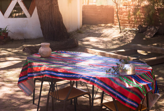 Authentic traditional adobe cottage and dome lodge patio in rustic San Pedro de Atacama oasis, Chile